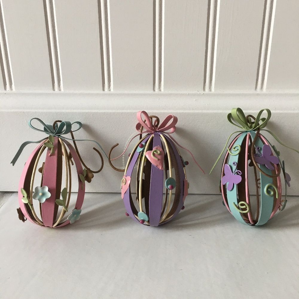 Easter Decor Set of 3 Pastel Metal Ribbon Egg Ornaments